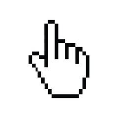 Pixelated hand cursor pointing upwards on white background