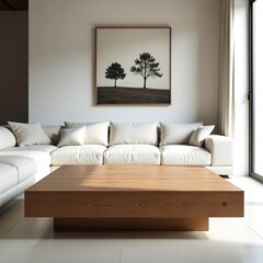 Wooden square coffee table by white sofa in a minimalist modern living room with art.