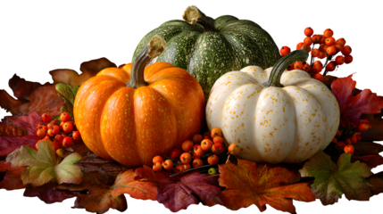 Vibrant autumn harvest featuring colorful pumpkins, fall leaves, and berries creates a warm, festive seasonal display perfect for Halloween promotions.