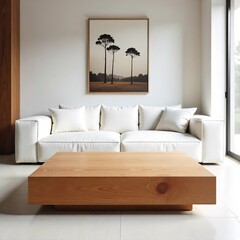 Wooden square coffee table by white sofa in a minimalist modern living room with art.