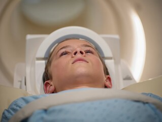 Child patient undergoing MRI scan in medical imaging machine during diagnostic procedure at hospital.