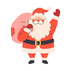Cute funny Santa Claus character with Christmas gift bag. Merry laughing old bearded character with big gift sack for Xmas and New Year winter holidays. Flat vector illustration on white background