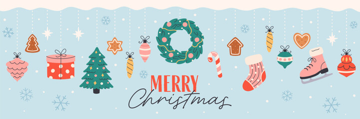 Merry Christmas greeting card with cute festive Christmas elements. Design for poster, baner, card. Flat vector illustration