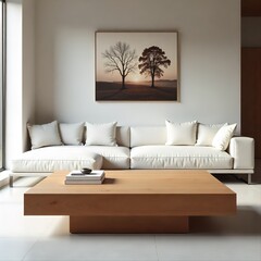 Wooden square coffee table by white sofa in a minimalist modern living room with grey wall and art.