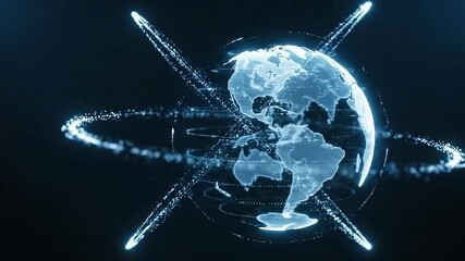 Futuristic Digital Earth Globe with Glowing Particles and Rings Spinning on a Dark Blue Background Representing Connectivity and Global Network - Powered by Adobe