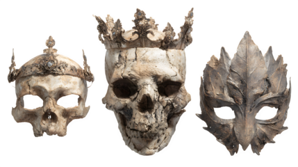 Ethereal skulls adorned with ornate crowns and a striking leaf mask evoke mystery, power, and ancient royalty for compelling narrative and halloween visuals.