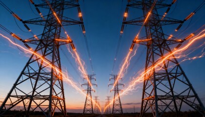 High voltage power lines at sunset with dynamic electricity current.
