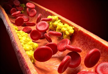 Representation of red red blood cells and cholesterol plaque buildup in a narrowed artery causing atherosclerosis.