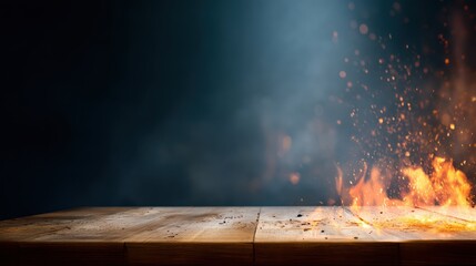 Close-Up Flames Burning Over Rustic Wood Table Surface