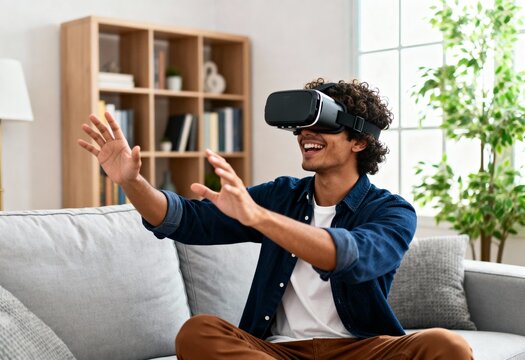 Happy young man using virtual reality headset at home while sitting on sofa and interacting with VR experience.