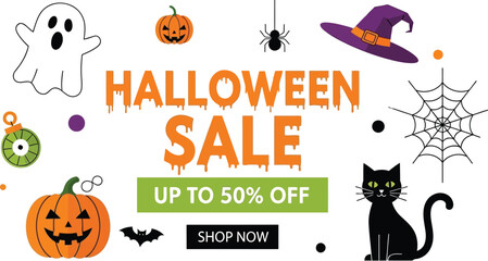Spooky Halloween sale announcement with pumpkins, ghosts, and discounts