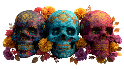 Vibrant, intricately decorated sugar skulls adorned with colorful flowers create a stunning Day of the Dead or Halloween visual