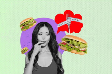 Collage of cheerful woman with big sandwich fruits juice vegs measuring tape representing energy dieting body shape goals