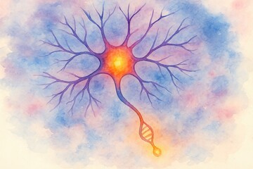 Watercolor illustration of a glowing neuron with branching dendrites and DNA helix in the axon, symbolizing science and creativity, generative ai illustration.