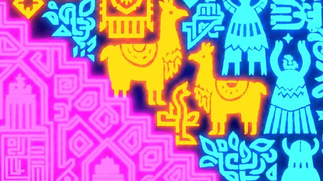 Vibrant digital illustration featuring glowing yellow llamas and intricate cultural patterns.