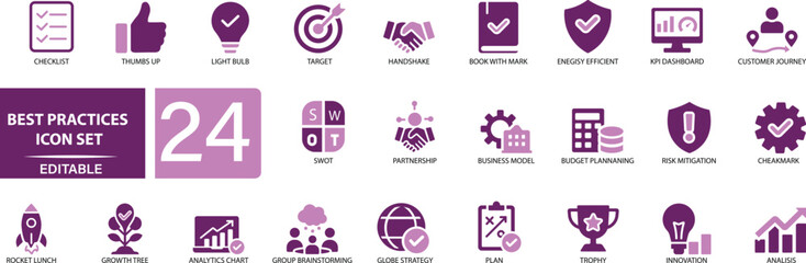 Best Practices Icon Set with workflow, checklist, process, strategy, quality, standards, compliance, and improvement icons. Perfect for business, management, and productivity projects.