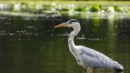 Grey heron standing in shallow water of a pond, with green reflections and lily pads in the background