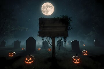Glowing pumpkins in haunted graveyard with wooden sign and full moon