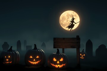 Witch flying across moon with pumpkins and wooden sign in Halloween scene