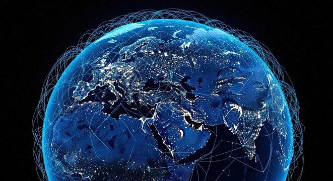 Global network of light representing digital connections around the Earth - Powered by Adobe