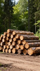 Logs stacked in forest