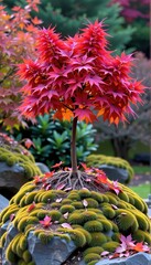 Fototapeta premium Crimson Japanese maple ablaze with autumn color, perched atop a soft, moss-covered mound, Tree, Red Leaves, Autumn