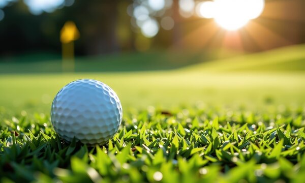 Close-up of a golf ball resting on a lush green putting green, blurred background suggesting a sunny day on a golf course, field, par