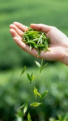 Fresh tea leaves in hand