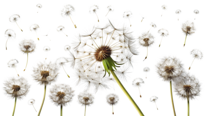 Dandelion seeds dispersing in the wind isolated on transparent background, symbolizing resilience, hope, and the ephemeral nature of life