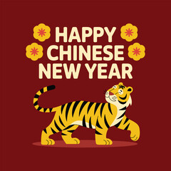 Happy Chinese New Year greeting with tiger and flowers year of the tiger zodiac