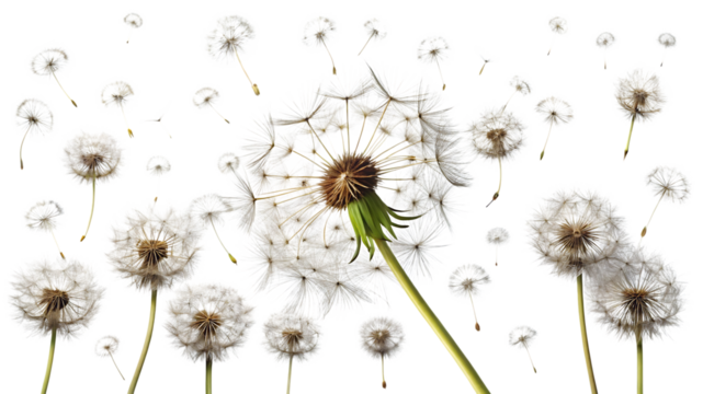 Dandelion seeds dispersing in the wind isolated on transparent background, symbolizing resilience, hope, and the ephemeral nature of life
