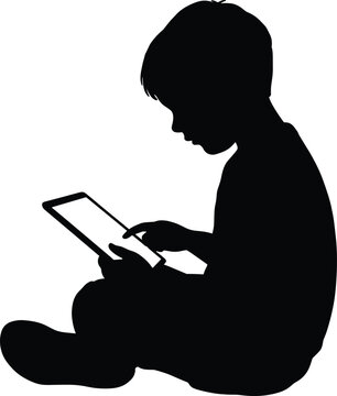 Silhouette of a boy using a tablet child person, silhouette, boy, child, kid, person, young, male, using, tablet, device, technology, learning, playing, studying, education, entertainment, screen, dis