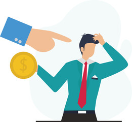 A confused businessman is being offered money by a hand isolated on adobe illustration vector style he is unsure of the offer
