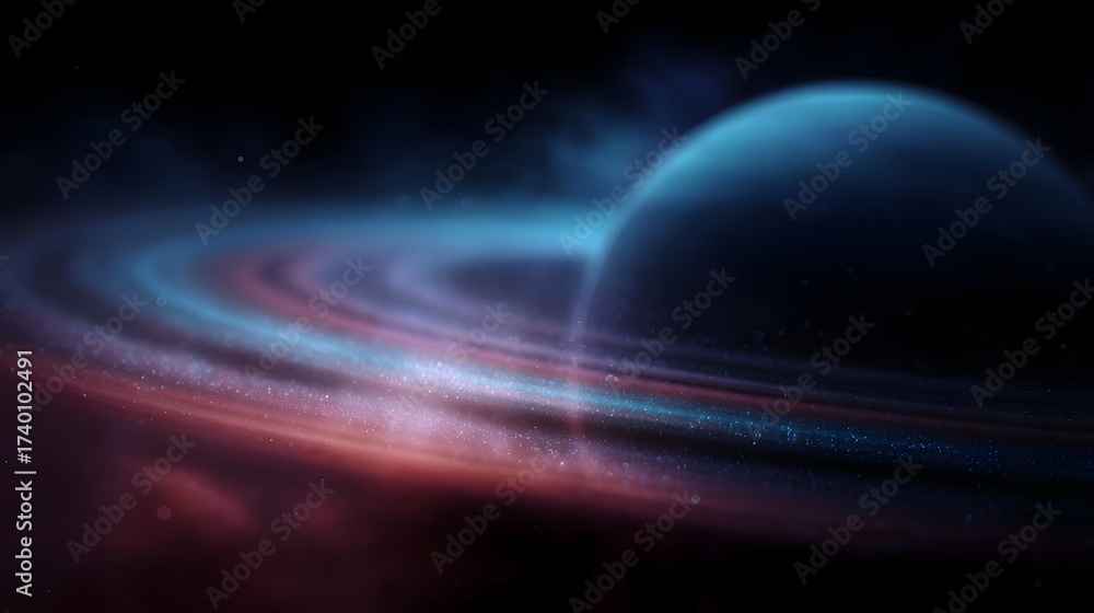 Wall mural A vibrant planet with glowing multicolored rings orbits in the deep dark expanse of space creating a mesmerizing cosmic spectacle