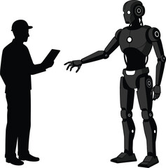 Silhouette of a man presenting a robot with a tablet, silhouette, man, male, person, robot, android, artificial intelligence, ai, technology, future, science, engineering, worker, employee, supervisor