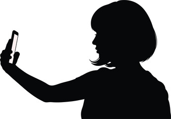 Silhouette of a woman taking a selfie with a smartphone, silhouette, woman, female, selfie, smartphone, mobile phone, phone, hand, arm, holding, taking photo, photography, isolated, white background, 