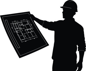Silhouette of architect holding building blueprint on white background, architect, blueprint, plan, drawing, construction, building, design, engineer, project, house, home, architecture, professional,
