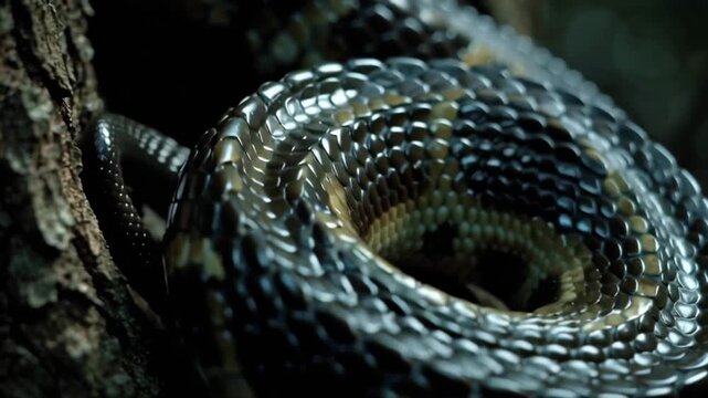 Coiled snake with intricate patterns on its scales, resting on a tree branch.