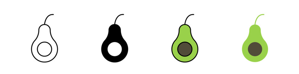 Avocado icon available in stroke outline, solid fill, flat color, and detailed color with shading. Perfect for food, healthy diet, organic produce, recipes, and grocery designs.