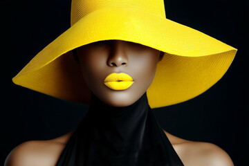 Bright yellow lips of an African-American model wearing a bright yellow felt hat on a black background. Advertising for lipstick, cosmetics, and a luxury clothing store.