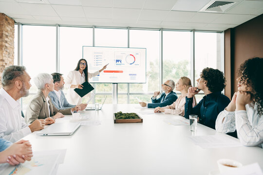 Business team meeting in a modern office with diverse members deliberating strategy and analyzing charts displayed on screen. - Powered by Adobe
