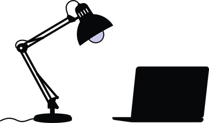 Silhouette of desk lamp and laptop with blue light, silhouette, desk lamp, lamp, light, lighting, laptop, computer, technology, work, study, office, desk, table, equipment, object, illumination, power