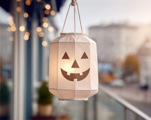 A lantern with a smiling pumpkin face lights up a balcony during Halloween festivities in the evening.