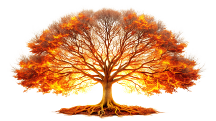 A majestic tree of fire isolated on transparent background, its branches reaching towards the sky, symbolizing strength, transformation, and the eternal cycle of life