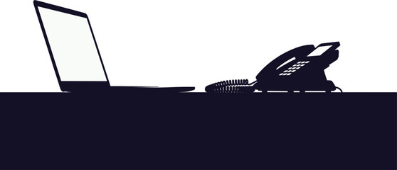 Silhouette of laptop and telephone on desk table office, desk, table, office, work, technology, communication, laptop, computer, notebook, telephone, phone, landline, corded phone, business, study, ed