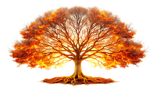 A majestic tree of fire isolated on transparent background, its branches reaching towards the sky, symbolizing strength, transformation, and the eternal cycle of life