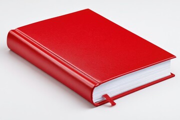 Close-up of a hardcover red book with a ribbon bookmark, resting against a white backdrop
