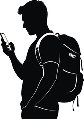 Silhouette of man with backpack using smartphone man, silhouette, backpack, smartphone, illustration, design, smartphone, casual, digital, walking, background, user, online, journey, browsing, texting