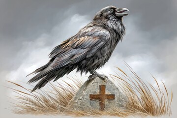 A raven stands proudly on a rock marked with a cross, surrounded by tall grass under overcast skies