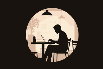 Silhouette of man working on laptop in cafe interior, man, silhouette, laptop, cafe, interior, working, remote, freelance, coffee, shop, table, chairs, lamps, plant, window, light, atmosphere, lifesty
